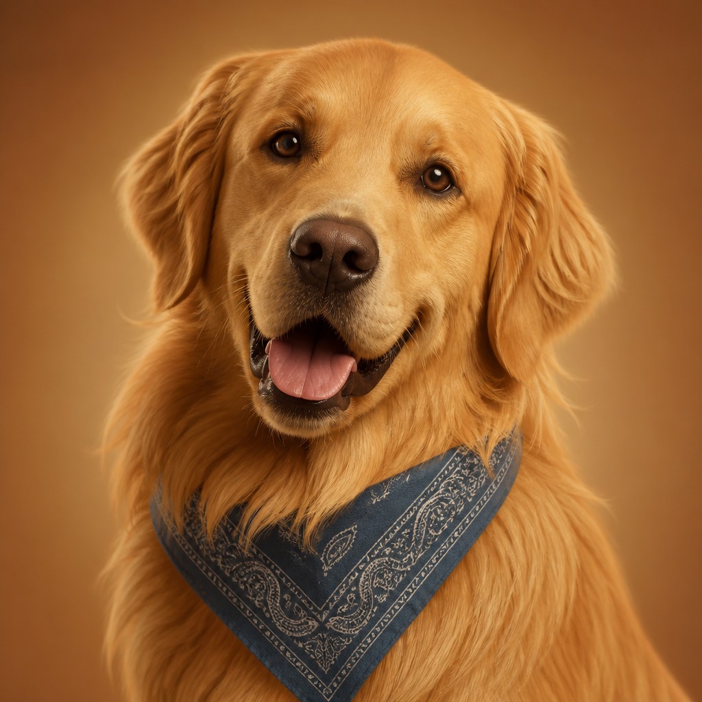 portrait of a golden retriever wearing a blue bandana, warm plain backdrop, no text