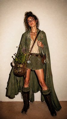 full-body original character: a wandering botanist with a satchel of plants, a patched green cloak, tall boots and round glasses, neutral background