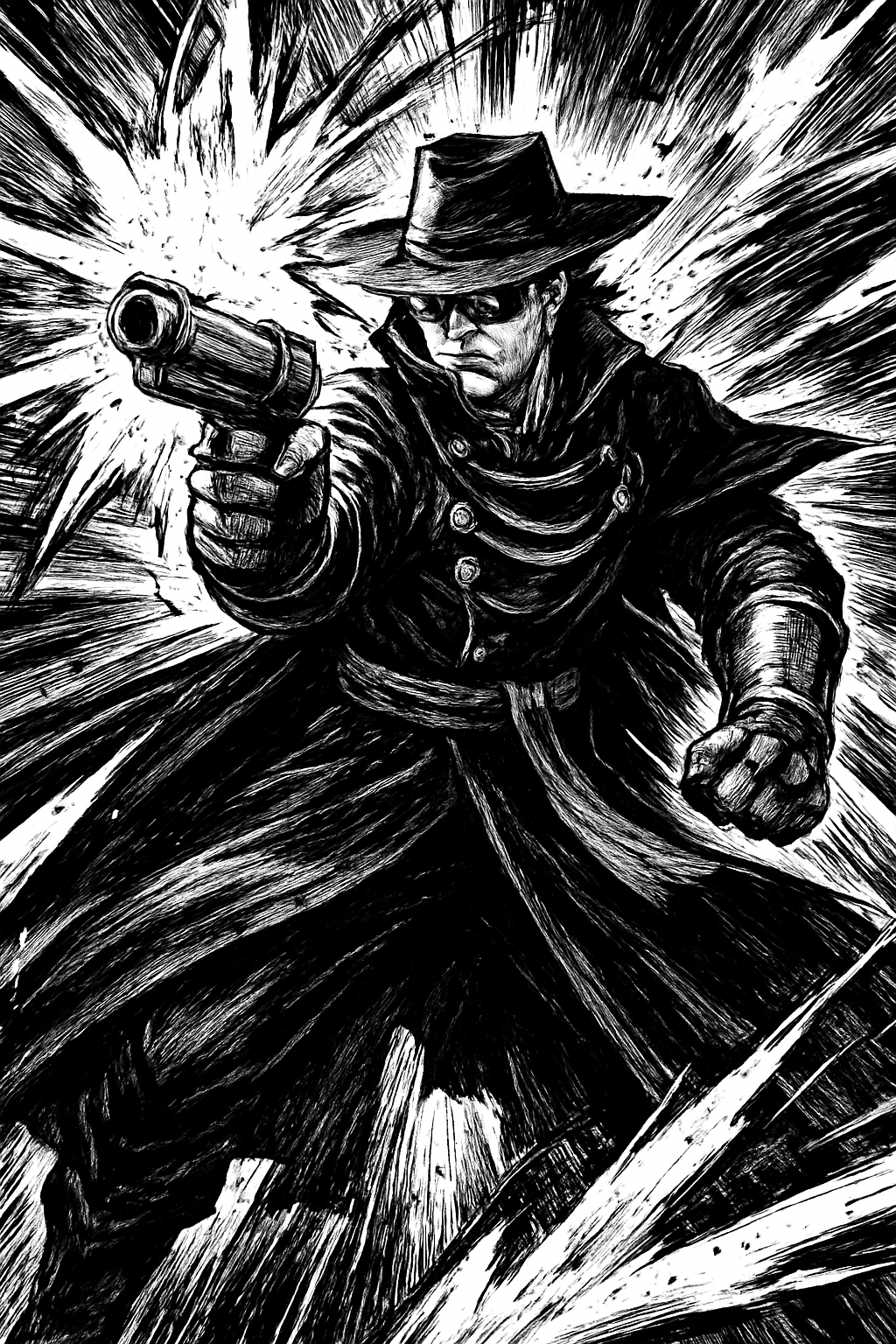 a black and white drawing of a man with a gun