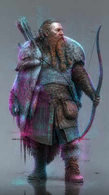 full-body original character: a dwarven ranger with a braided auburn beard, worn leather armor, a longbow and a wolf-pelt cloak, neutral background, no text