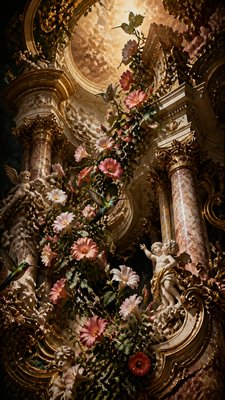 a climbing vine of flowers and hummingbirds on a dark background, tall wrapping composition, no text