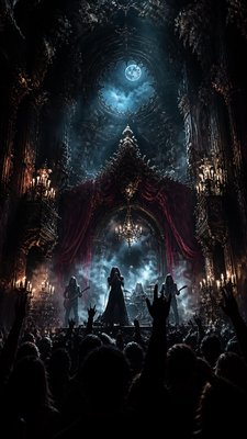 a live music scene with a glowing stage and silhouetted crowd, energetic vertical composition with open space at the top, no text
