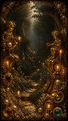 a mysterious forest path with fireflies and drifting mist, atmospheric vertical composition with open space at the top, no text