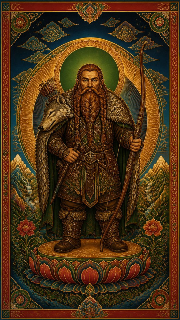 full-body original character: a dwarven ranger with a braided auburn beard, worn leather armor, a longbow and a wolf-pelt cloak, neutral background, no text