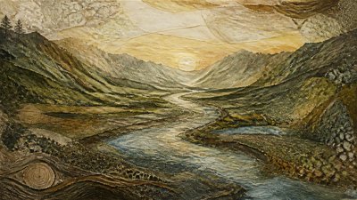 a vast valley with a river winding toward distant mountains at sunrise, no people, no text