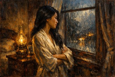 At her Mother's house in Penang, Wing Sun's mother, a beautiful chinese woman in her 30s, is standing in her bedroom looking out the window at night.  We see her from a quarter view inside the room.  She is pensive and an air of tension fills the room as she remembers growing up in this house.  Her hair is long and black, and she's wearing her housecoat.  A lantern gives low light inside the room.  It's raining outside.