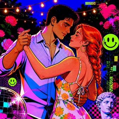 an original couple dancing under string lights in a garden at dusk: a man with short black hair in a linen shirt and a woman with braided red hair in a summer dress