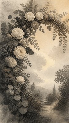 an arch of white roses and eucalyptus in soft morning light, elegant vertical composition with open space, no text