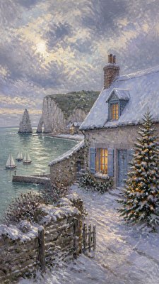 a snow-covered cottage with warm glowing windows beside a decorated pine tree, gentle snowfall, no text
