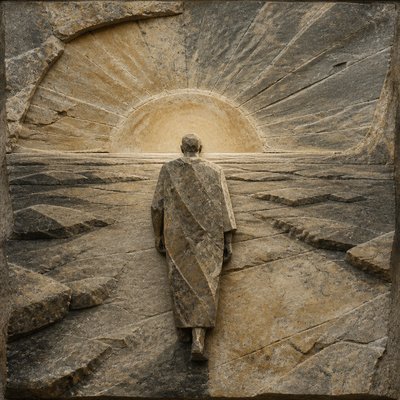 a solitary figure walking toward a glowing horizon across an empty plain, moody atmosphere, no text or lettering