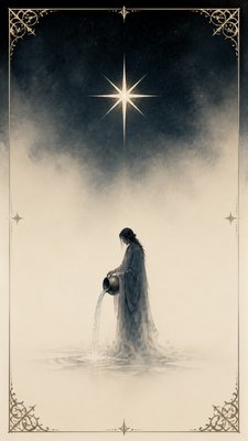 a robed figure pouring water beneath a large eight-pointed star in a night sky, symmetrical composition with an ornate decorative border, no text