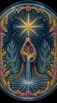 a robed figure pouring water beneath a large eight-pointed star in a night sky, symmetrical composition with an ornate decorative border, no text