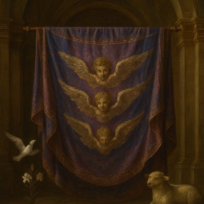 Renaissance Painting Art Style, a magnificent and awe-inspiring Veil of the Tabernacle from Exodus 26:31, hanging grandly in a sacred space. The veil is exquisitely woven from deep blue, regal purple, and vivid scarlet yarn, intertwined with finely twisted pure white linen. Intricately and skillfully woven into the fabric are detailed, majestic cherubim with outstretched wings, their forms appearing almost alive within the threads. The entire veil shimmers with a subtle, divine luminosity, catching soft, ethereal light that emphasizes its rich textures, elaborate patterns, and sacred purpose. Focus on the luxurious drape of the fabric, the vibrancy of the colors, and the dignified, ethereal presence of the cherubim.