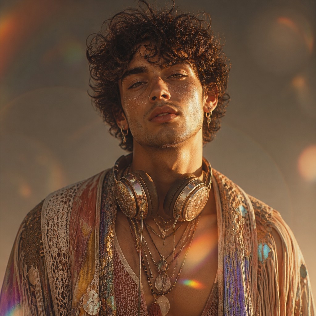 head-and-shoulders portrait of an original character: a young man with curly dark hair and headphones around his neck, plain backdrop, no text