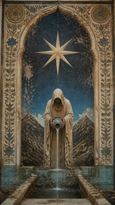 a robed figure pouring water beneath a large eight-pointed star in a night sky, symmetrical composition with an ornate decorative border, no text