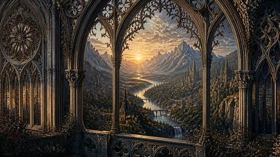 a vast valley with a river winding toward distant mountains at sunrise, no people, no text