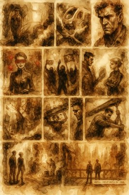 a drawing of a group of people standing around each other