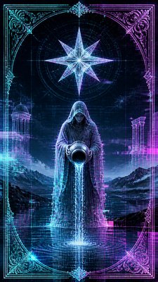 a robed figure pouring water beneath a large eight-pointed star in a night sky, symmetrical composition with an ornate decorative border, no text