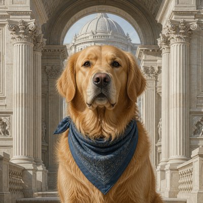 portrait of a golden retriever wearing a blue bandana, warm plain backdrop, no text