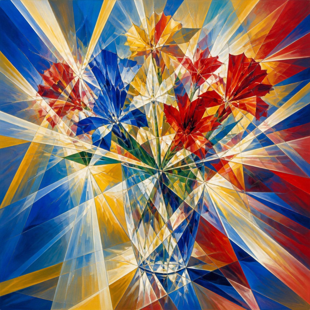 bouquet of flowers in a glass vase — Rayonism Art Style