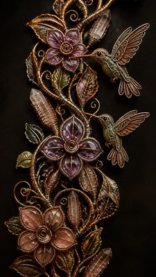 a climbing vine of flowers and hummingbirds on a dark background, tall wrapping composition, no text