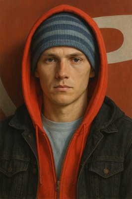 a painting of a man wearing a red hoodie