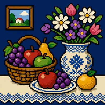 still life arrangement of fruits and flowers