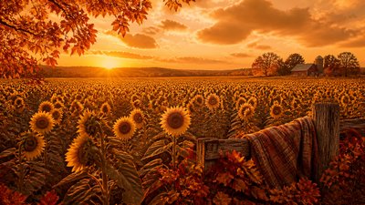 an endless field of sunflowers under summer clouds, no people