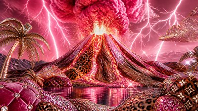 an erupting volcano with lightning strikes, dramatic wide composition, no text