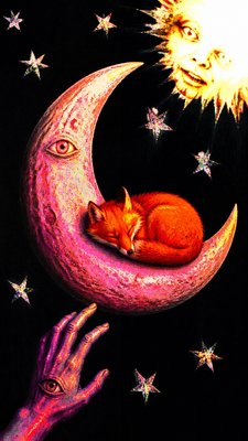 a sleeping baby fox curled on a crescent moon among soft stars, gentle and warm, no text