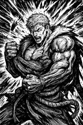 a black and white drawing of a man holding a sword