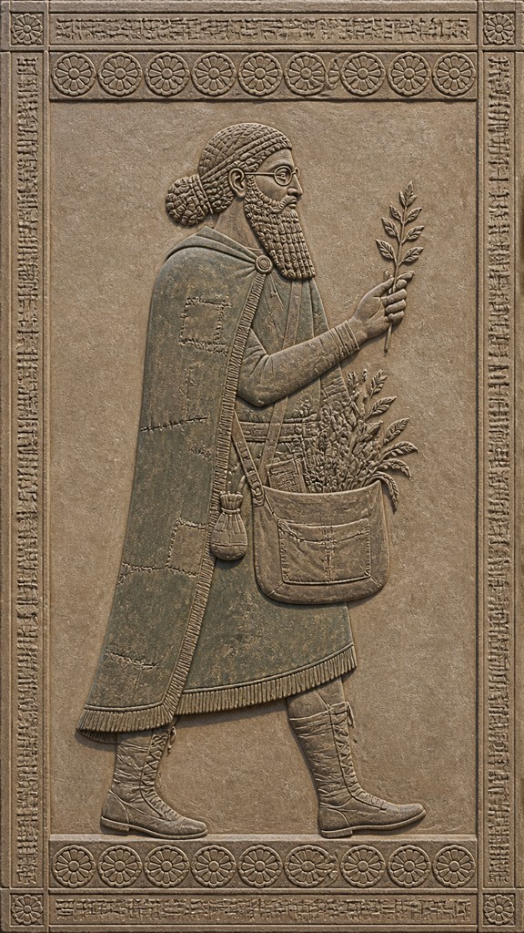 full-body original character: a wandering botanist with a satchel of plants, a patched green cloak, tall boots and round glasses, neutral background
