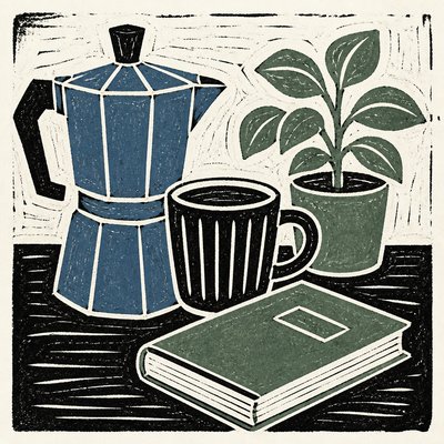 still life with everyday objects — Linocut Print Style