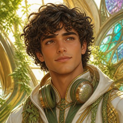 head-and-shoulders portrait of an original character: a young man with curly dark hair and headphones around his neck, plain backdrop, no text