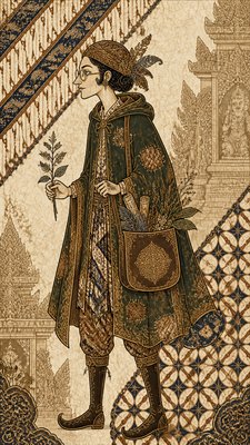 full-body original character: a wandering botanist with a satchel of plants, a patched green cloak, tall boots and round glasses, neutral background
