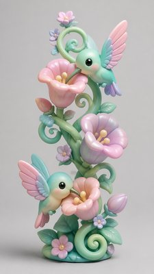a climbing vine of flowers and hummingbirds on a dark background, tall wrapping composition, no text