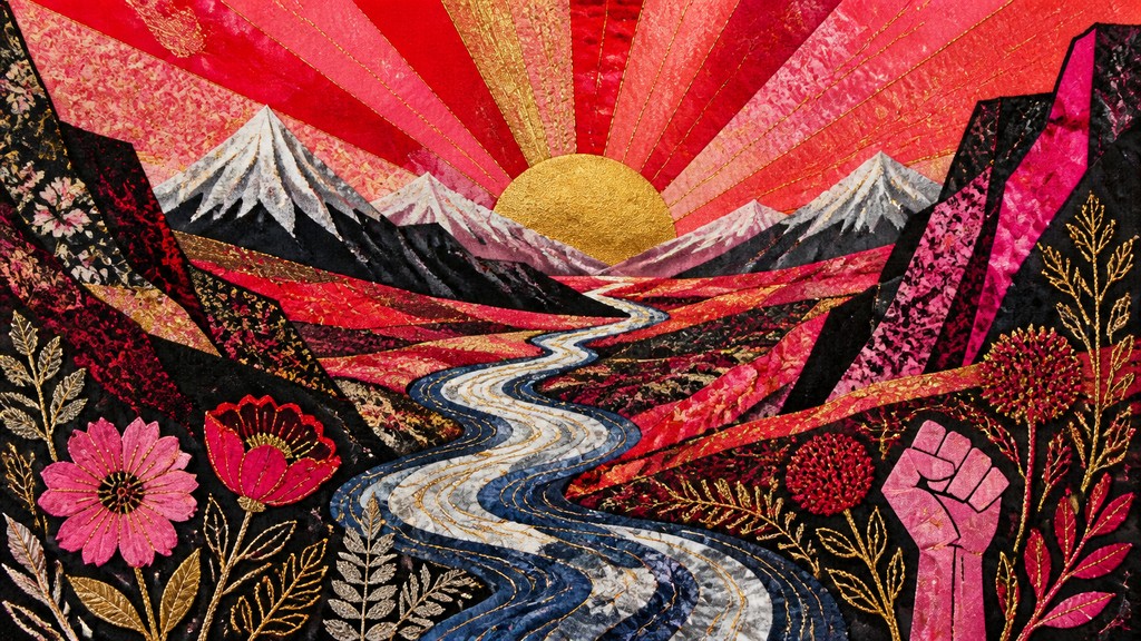 a vast valley with a river winding toward distant mountains at sunrise, no people, no text