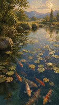 a koi pond with lily pads seen from above, no people
