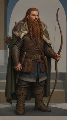 full-body original character: a dwarven ranger with a braided auburn beard, worn leather armor, a longbow and a wolf-pelt cloak, neutral background, no text