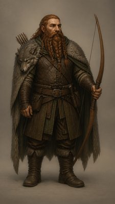 full-body original character: a dwarven ranger with a braided auburn beard, worn leather armor, a longbow and a wolf-pelt cloak, neutral background, no text