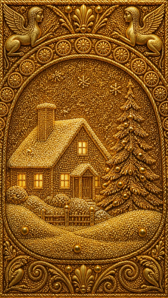 a snow-covered cottage with warm glowing windows beside a decorated pine tree, gentle snowfall, no text