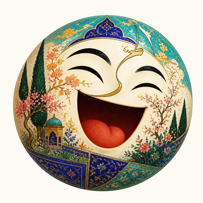 an exaggerated laughing face of an original round mascot character, bold and readable at small size, plain background, no text