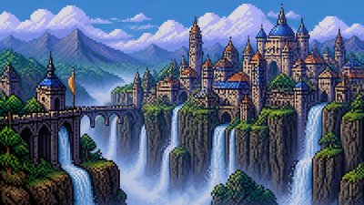 a cliffside city with waterfalls cascading into a misty canyon, wide establishing shot, no people, no text