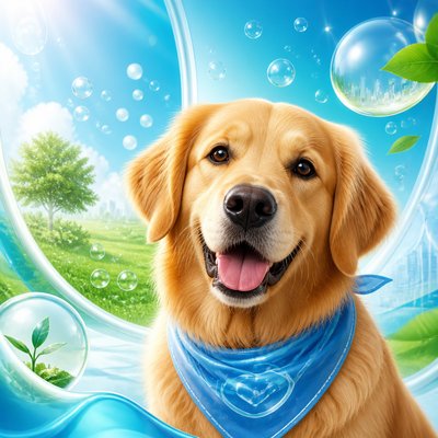 portrait of a golden retriever wearing a blue bandana, warm plain backdrop, no text