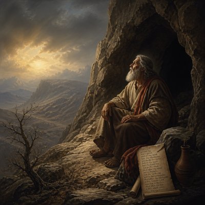 Elijah at the cave on Mount Horeb hearing the still quiet voice of the Lord 