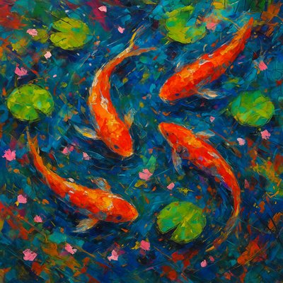 A koi pond seen from above, orange and white koi fish swimming among lily pads, clear water with subtle ripples, fallen cherry blossom petals floating on the surface, dappled sunlight