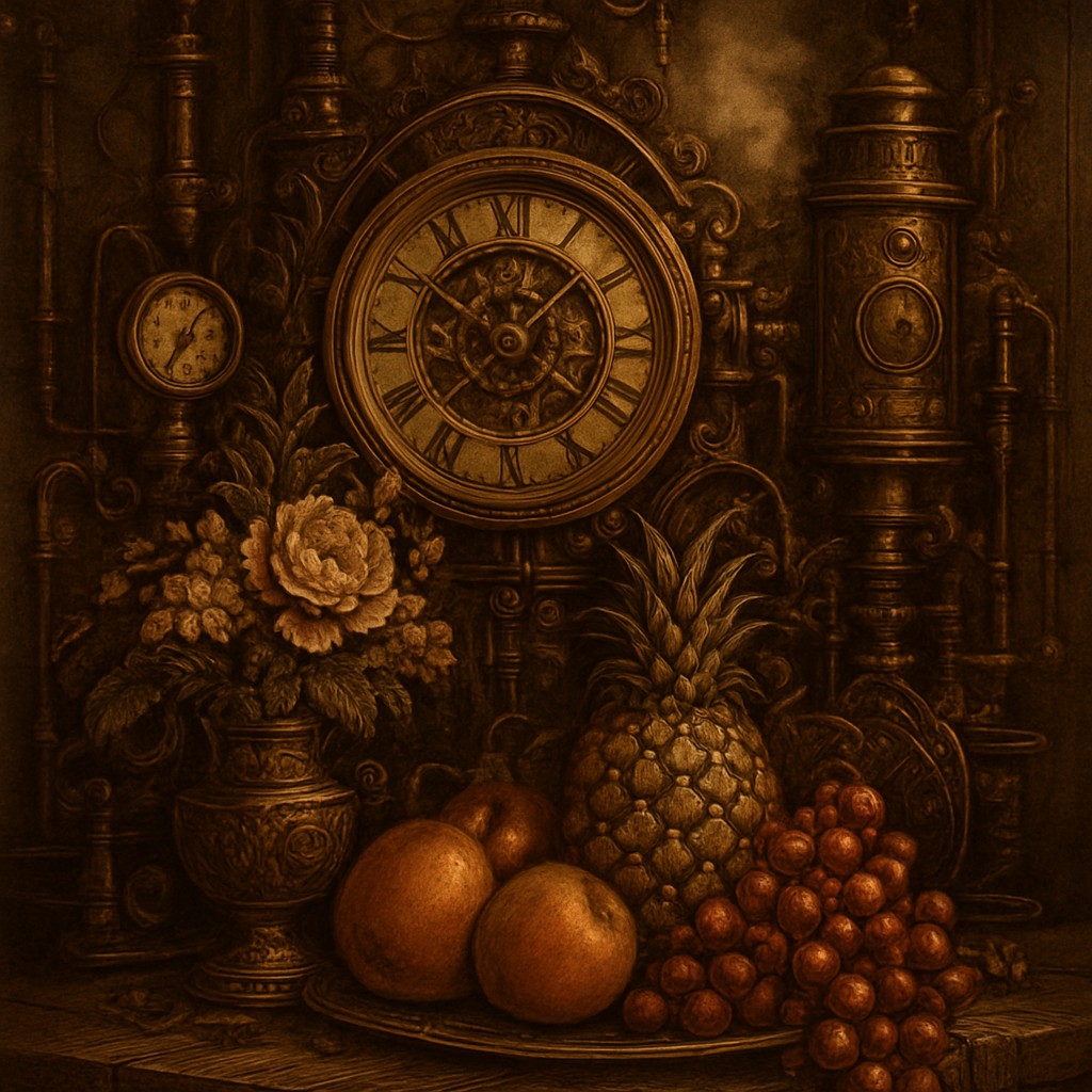 still life arrangement of fruits and flowers