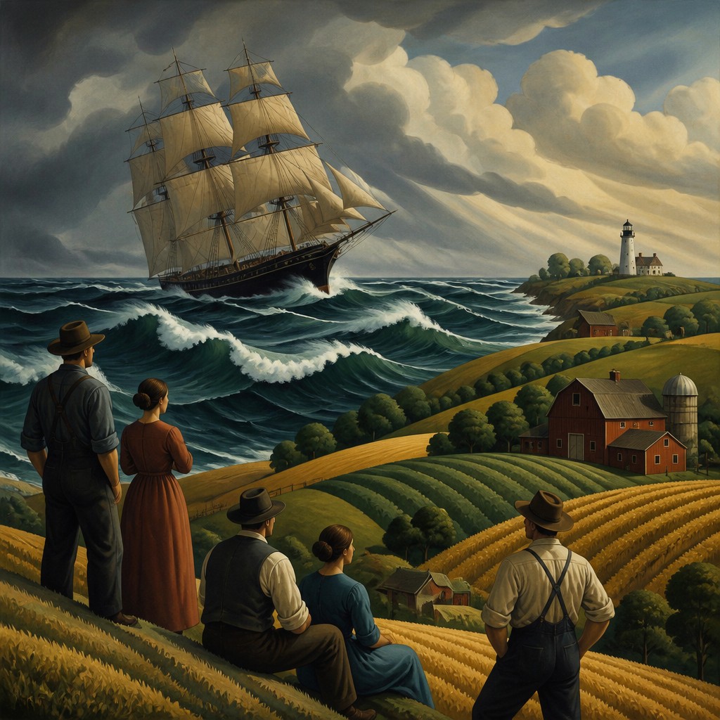 sailing ship on a stormy sea — American Regionalism Art Style