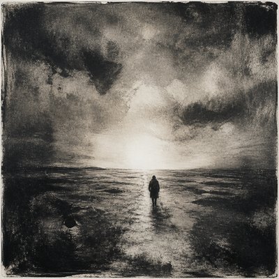 a solitary figure walking toward a glowing horizon across an empty plain, moody atmosphere, no text or lettering
