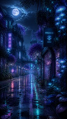 a quiet rainy city street at night reflecting neon signs, no people